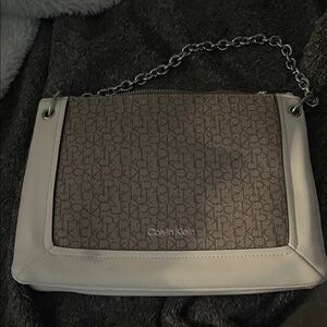 Calvin Klein Monogrammed Brown and Cream Shoulder Bag